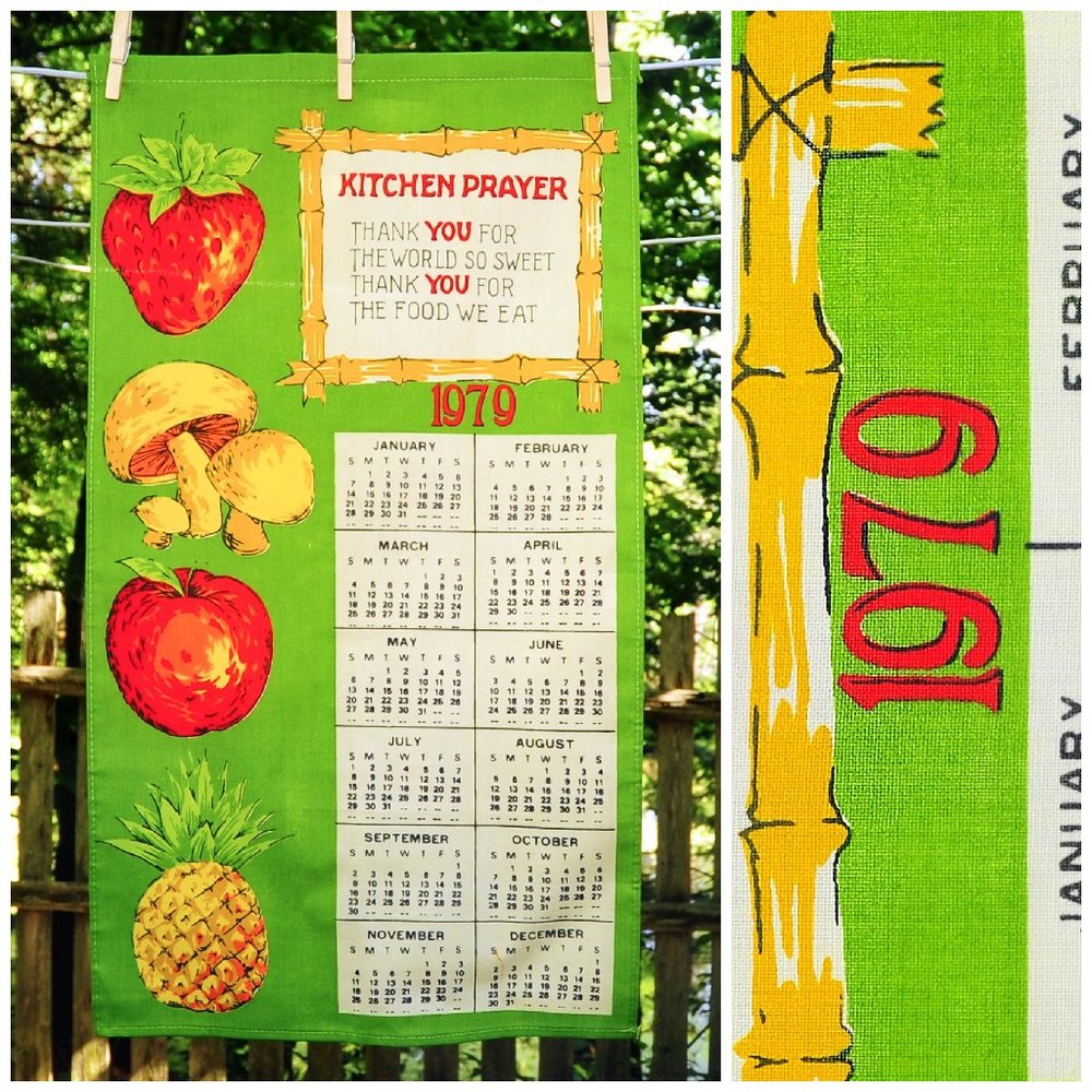 VTG 1979 Kitchen Prayer Calendar Towel Strawberry, Mushrooms, Apple & Pineapple